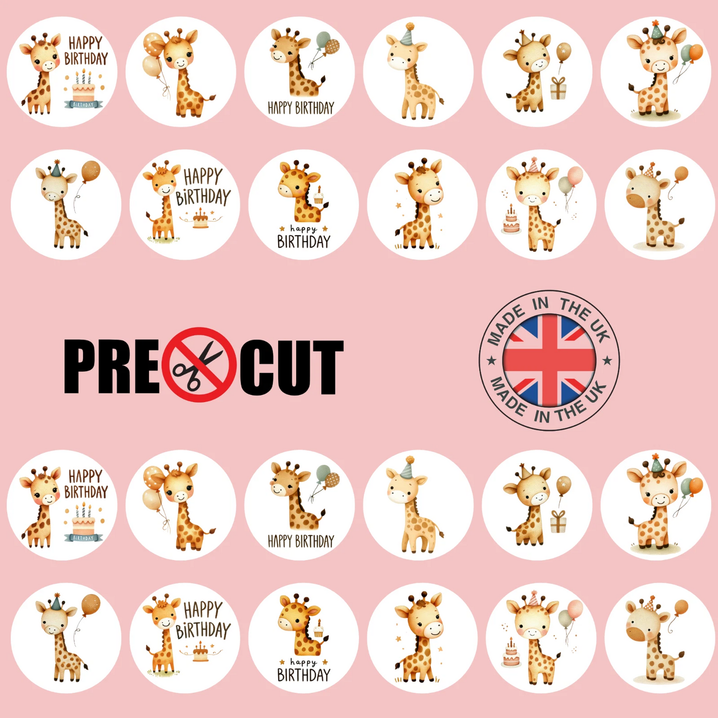 Giraffe Happy Birthday Pre-Cut Edible Wafer Cupcake Toppers Pack Of 24