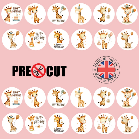 Giraffe Happy Birthday Pre-Cut Edible Wafer Cupcake Toppers Pack Of 24