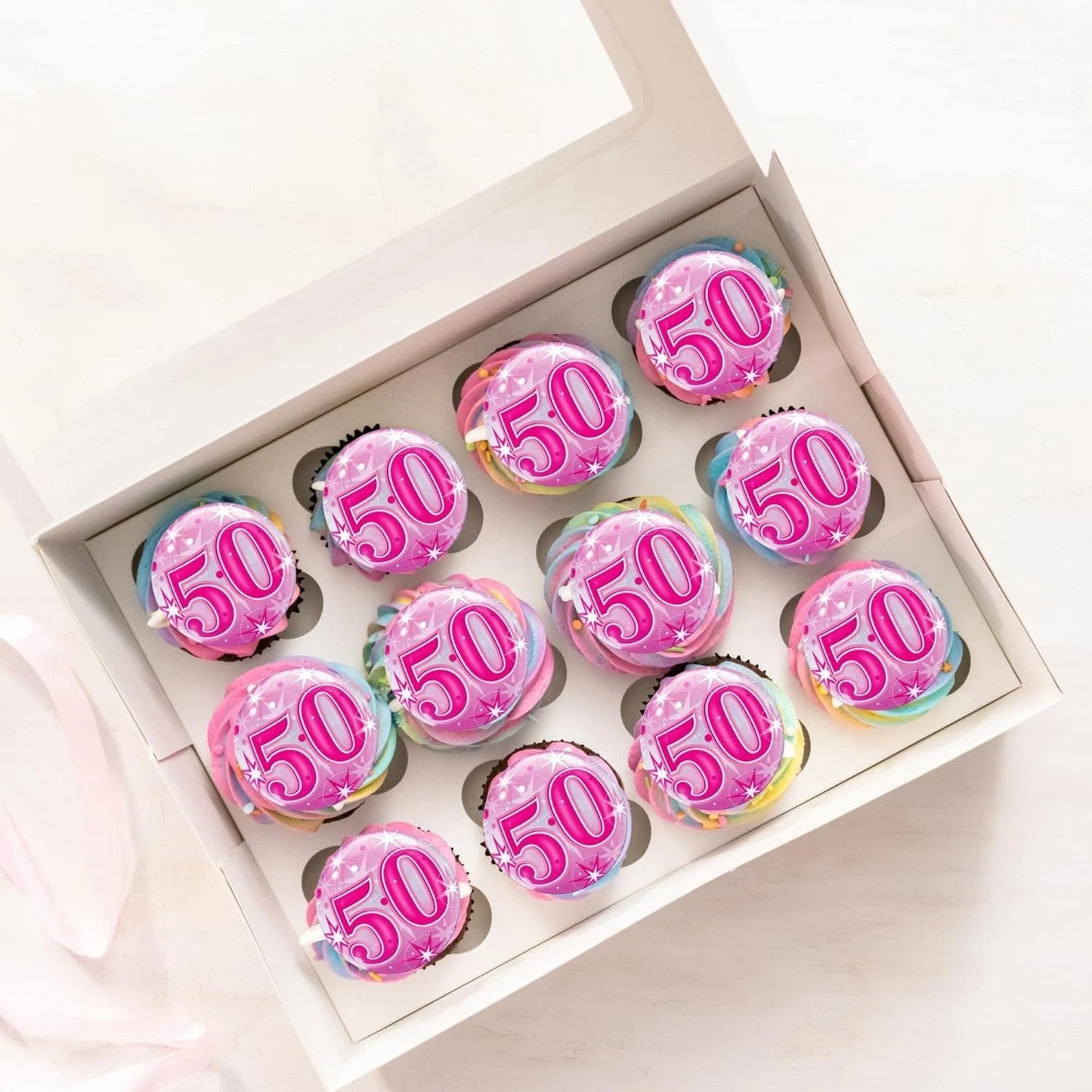 50th Happy Birthday Pink Pre-Cut Edible Wafer Cupcake Toppers Pack Of 22