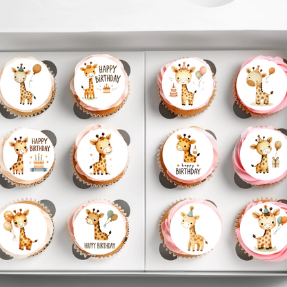 Giraffe Happy Birthday Pre-Cut Edible Wafer Cupcake Toppers Pack Of 24