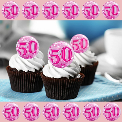 50th Happy Birthday Pink Pre-Cut Edible Wafer Cupcake Toppers Pack Of 22