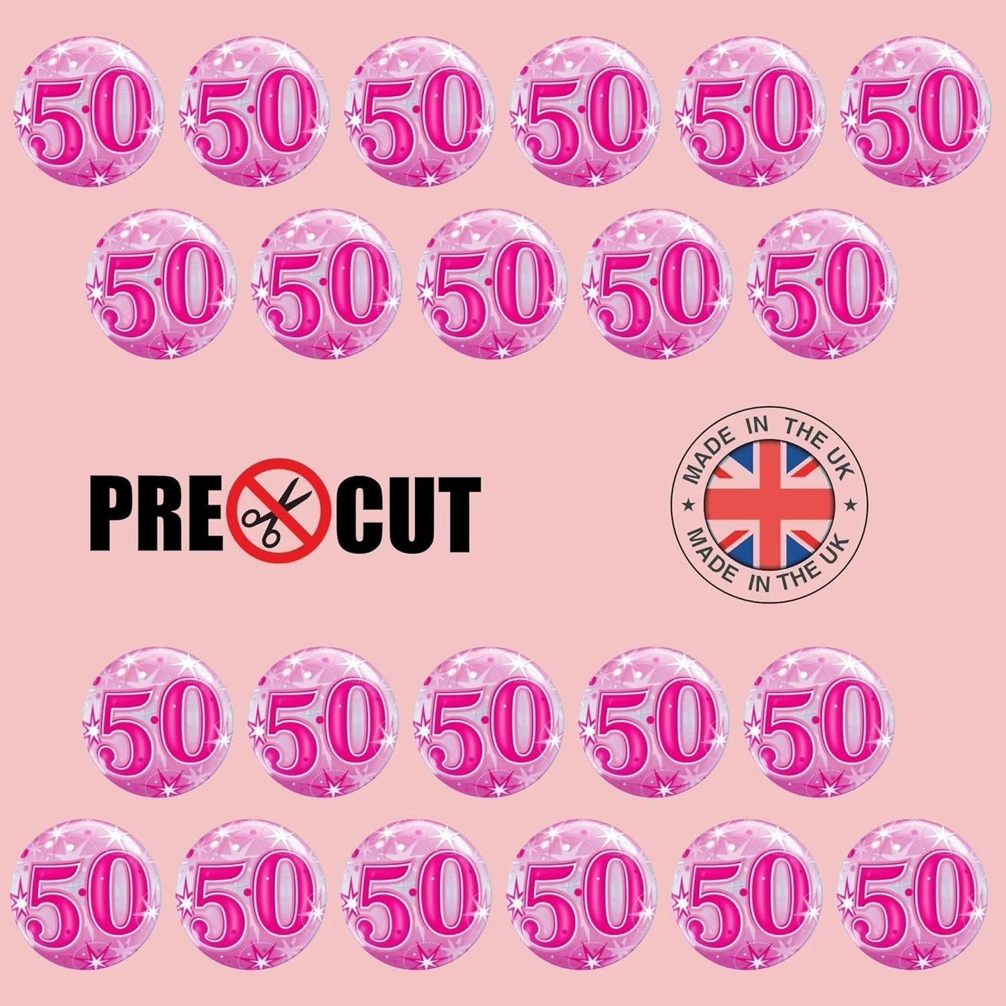 50th Happy Birthday Pink Pre-Cut Edible Wafer Cupcake Toppers Pack Of 22