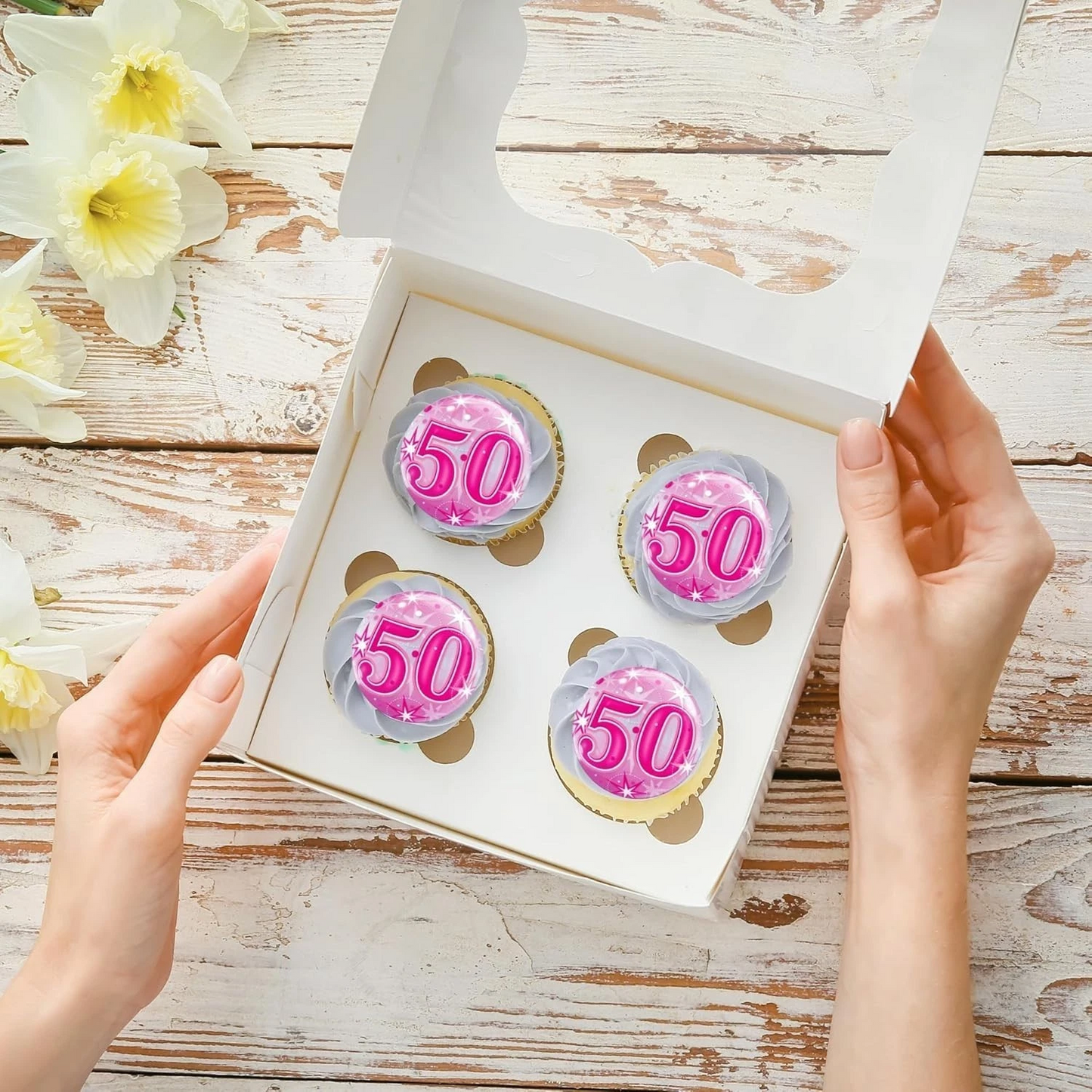 50th Happy Birthday Pink Pre-Cut Edible Wafer Cupcake Toppers Pack Of 22
