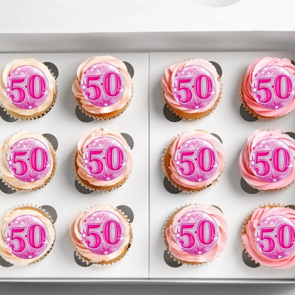 50th Happy Birthday Pink Pre-Cut Edible Wafer Cupcake Toppers Pack Of 22