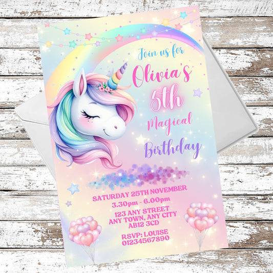 10 Personalised Unicorn Party Invitations With Envelopes