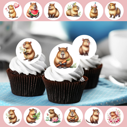 Capybara Pre-Cut Edible Wafer Cupcake Toppers Pack Of 24