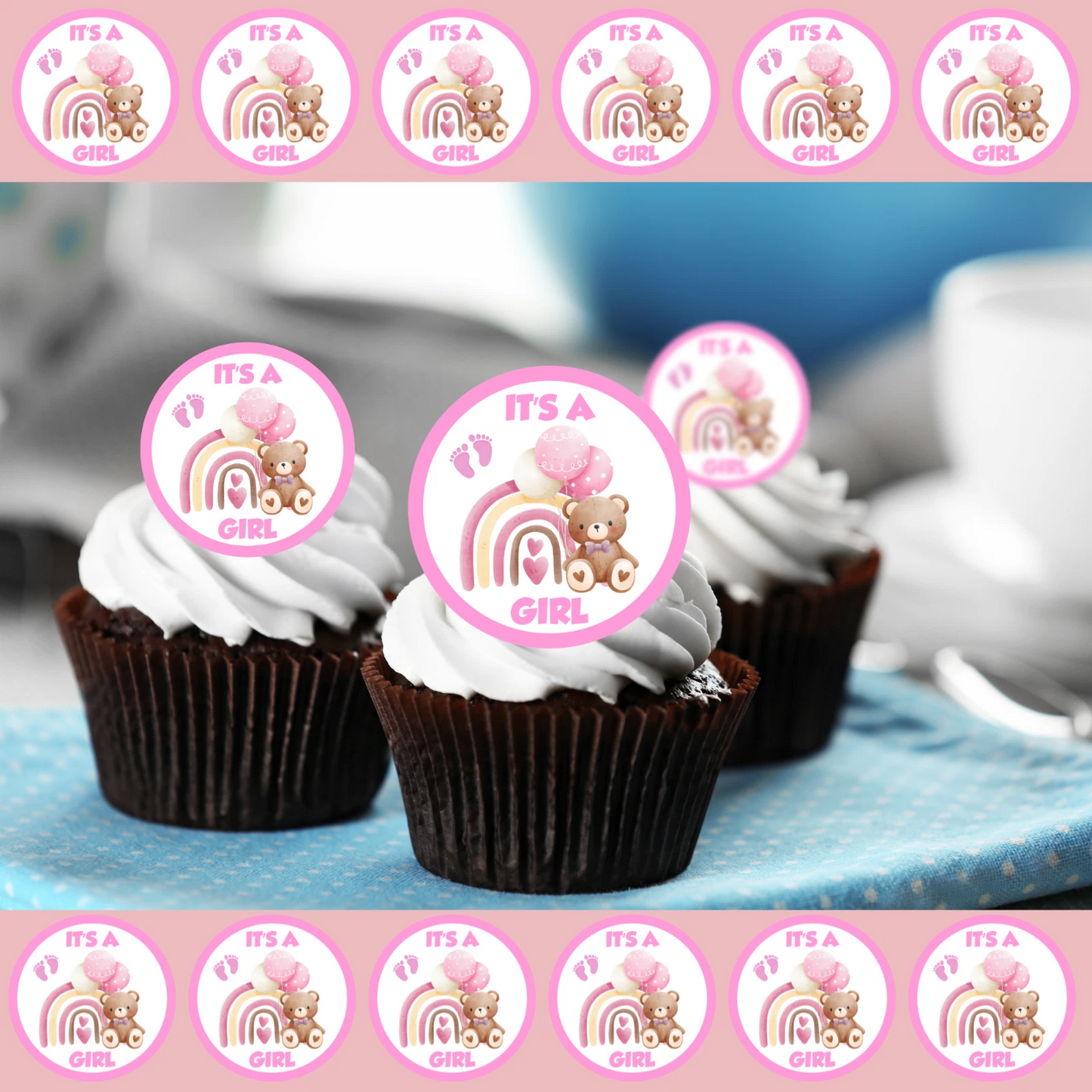 It's A Girl Baby Shower Pre-Cut Edible Wafer Cupcake Toppers Pack Of 24