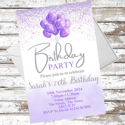 10 Personalised Purple Balloons Party Any Age Invitations With Envelopes