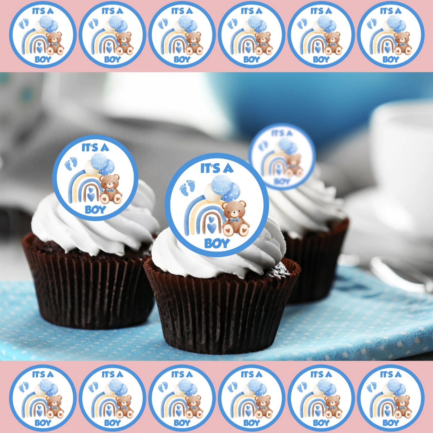 It's A Boy Baby Shower Pre-Cut Edible Wafer Cupcake Toppers Pack Of 24