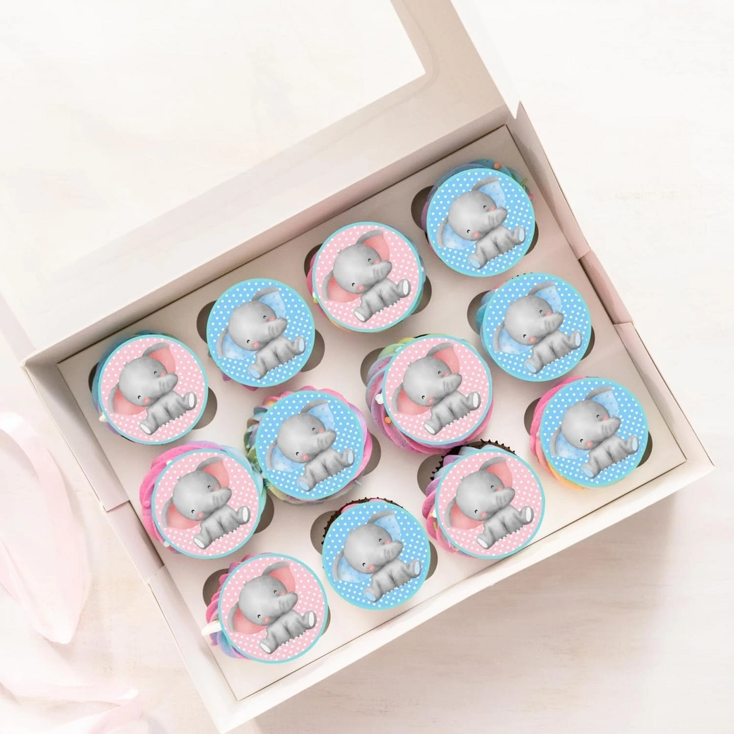 Baby Shower Pink & Blue Elephant Pre-Cut Edible Wafer Cupcake Toppers Pack Of 22