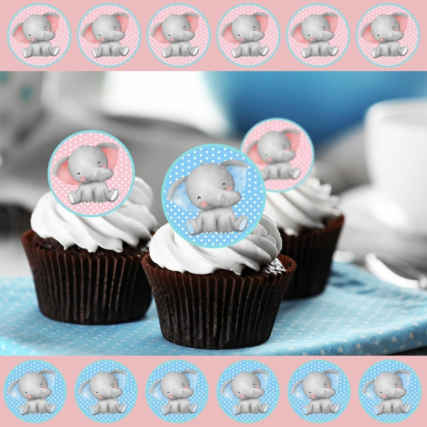Baby Shower Pink & Blue Elephant Pre-Cut Edible Wafer Cupcake Toppers Pack Of 22