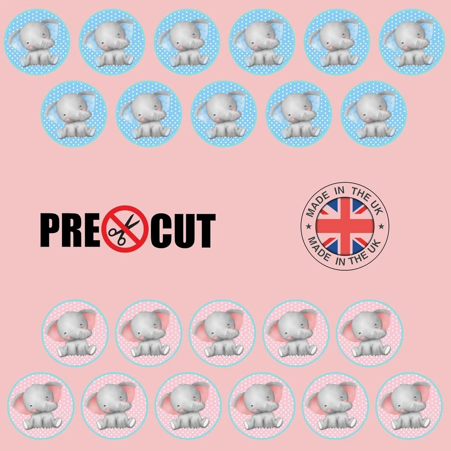 Baby Shower Pink & Blue Elephant Pre-Cut Edible Wafer Cupcake Toppers Pack Of 22