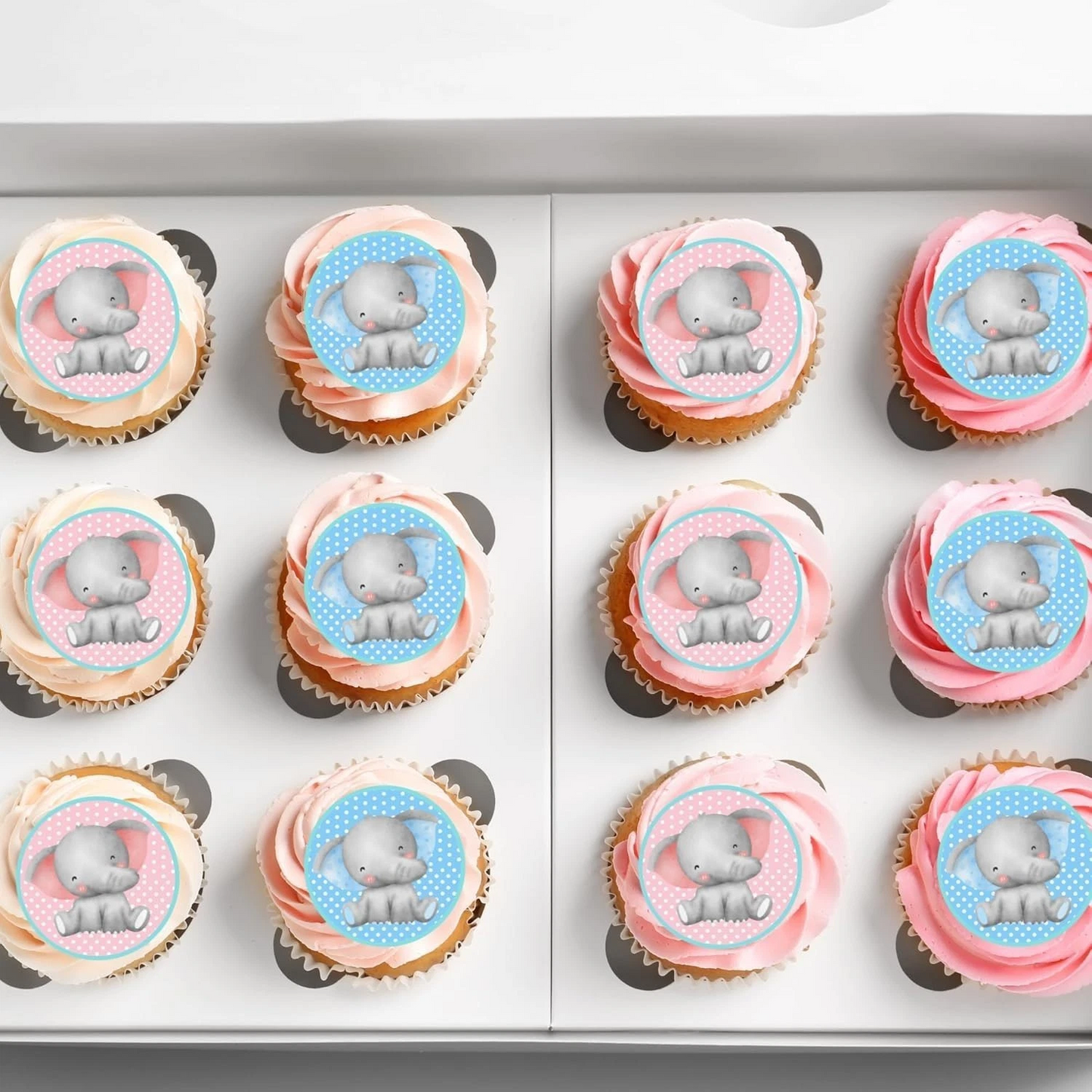 Baby Shower Pink & Blue Elephant Pre-Cut Edible Wafer Cupcake Toppers Pack Of 22