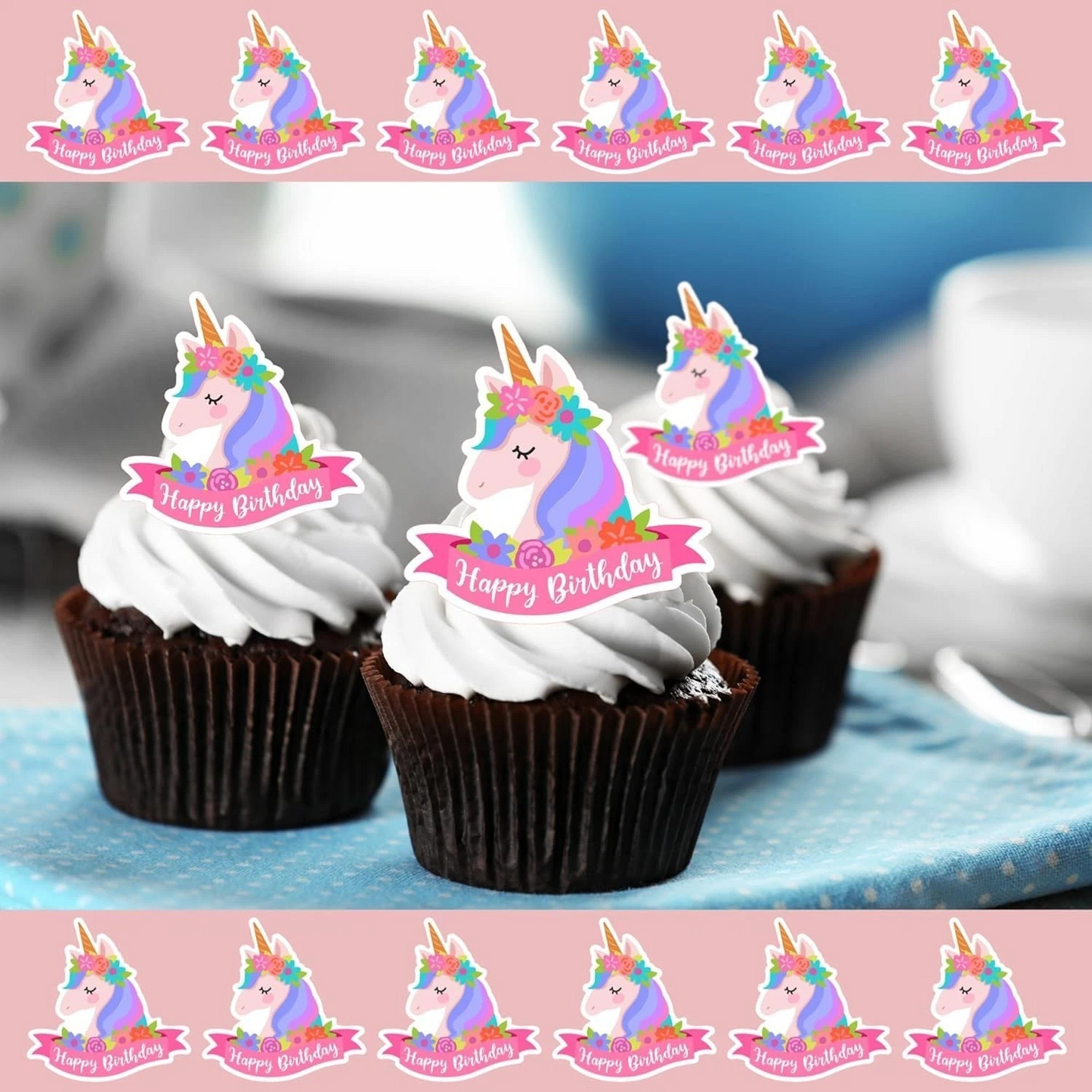 Unicorn Happy Birthday Pre-Cut Edible Wafer Cupcake Toppers Pack Of 22