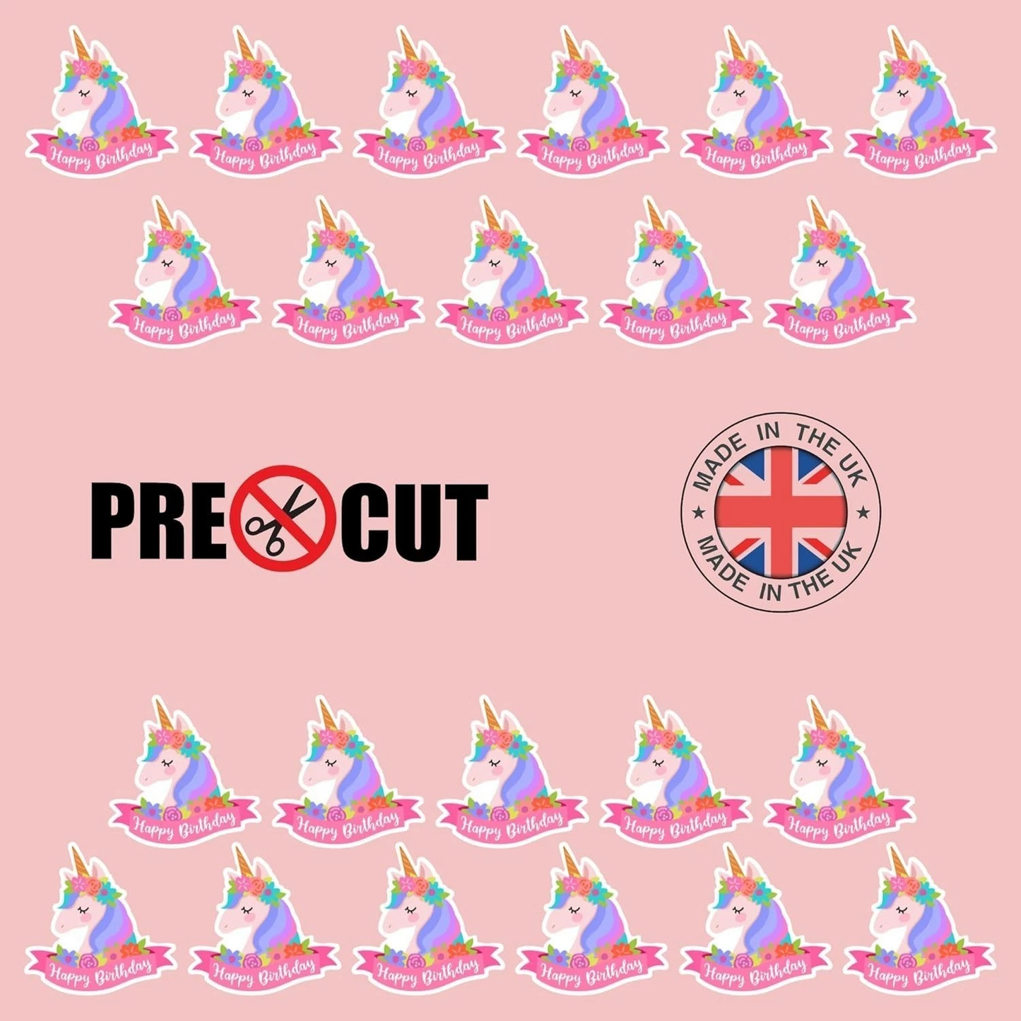 Unicorn Happy Birthday Pre-Cut Edible Wafer Cupcake Toppers Pack Of 22