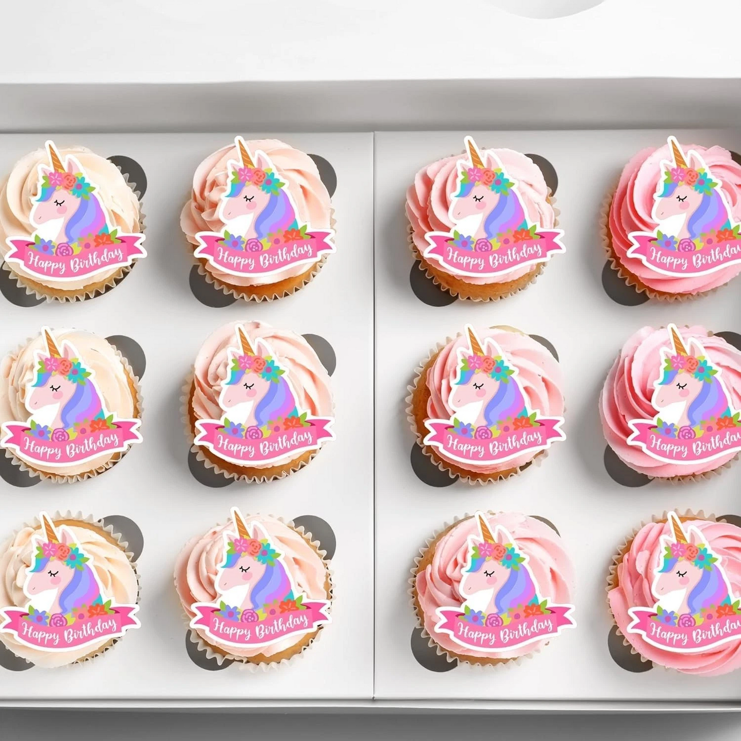 Unicorn Happy Birthday Pre-Cut Edible Wafer Cupcake Toppers Pack Of 22