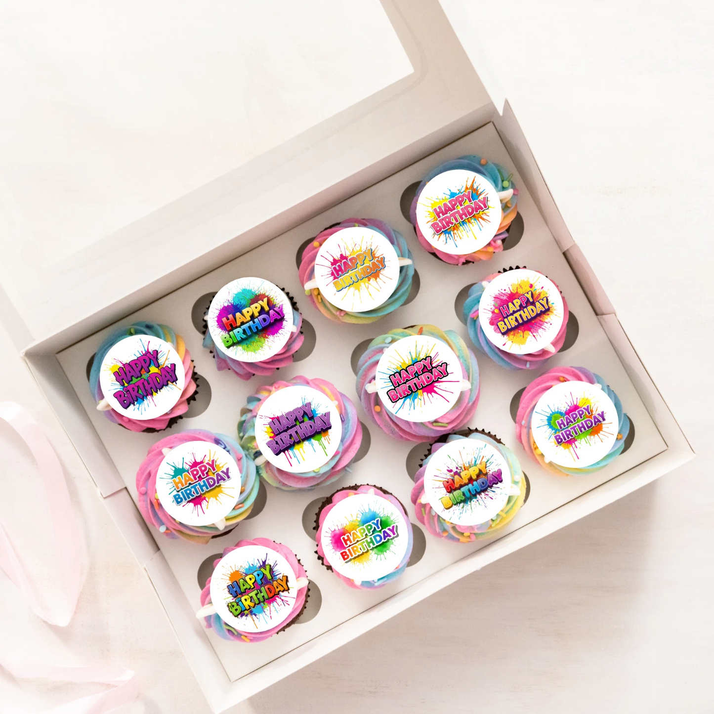 Happy Birthday Colourful Pre-Cut Edible Wafer Cupcake Toppers Pack Of 24