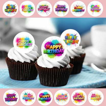 Happy Birthday Colourful Pre-Cut Edible Wafer Cupcake Toppers Pack Of 24