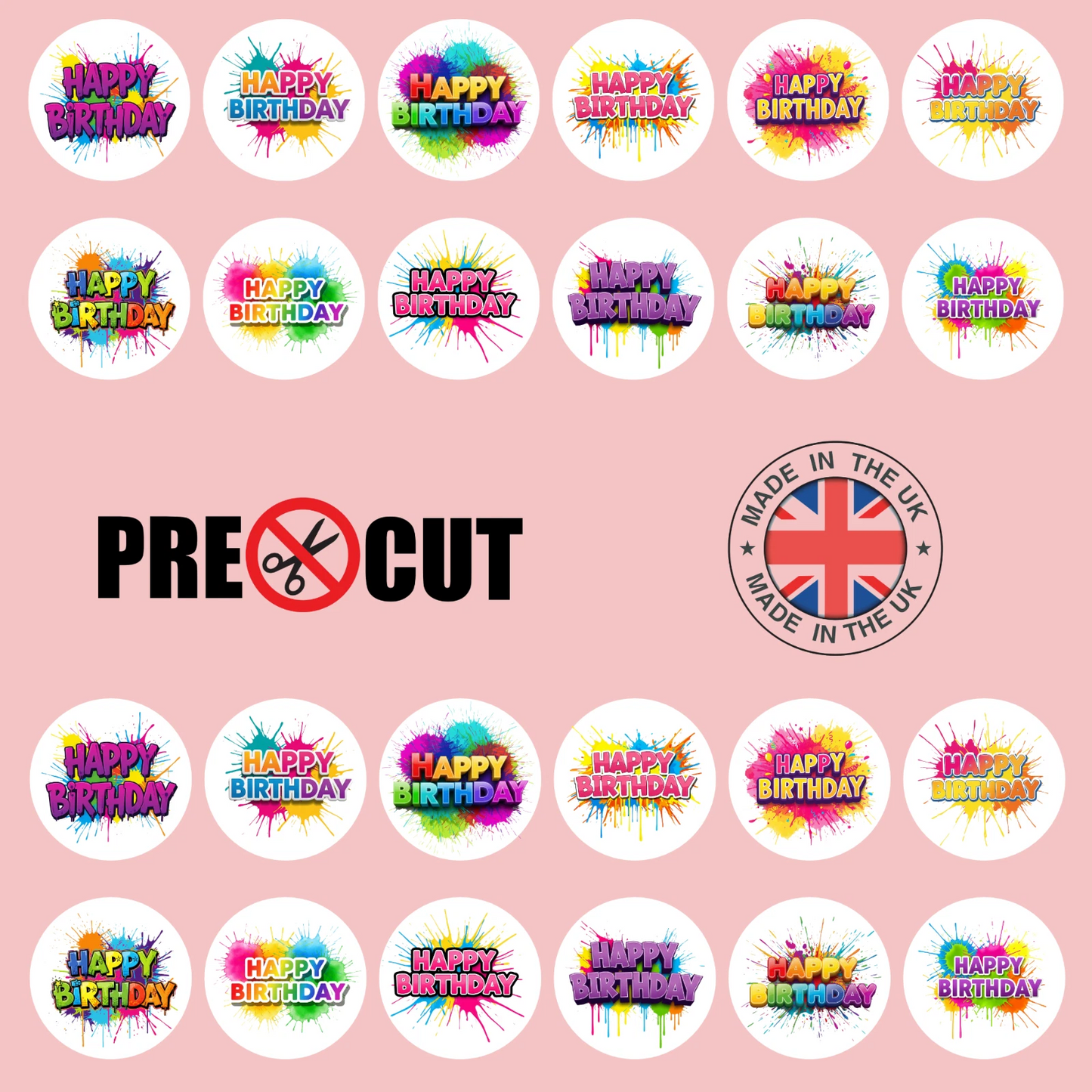 Happy Birthday Colourful Pre-Cut Edible Wafer Cupcake Toppers Pack Of 24