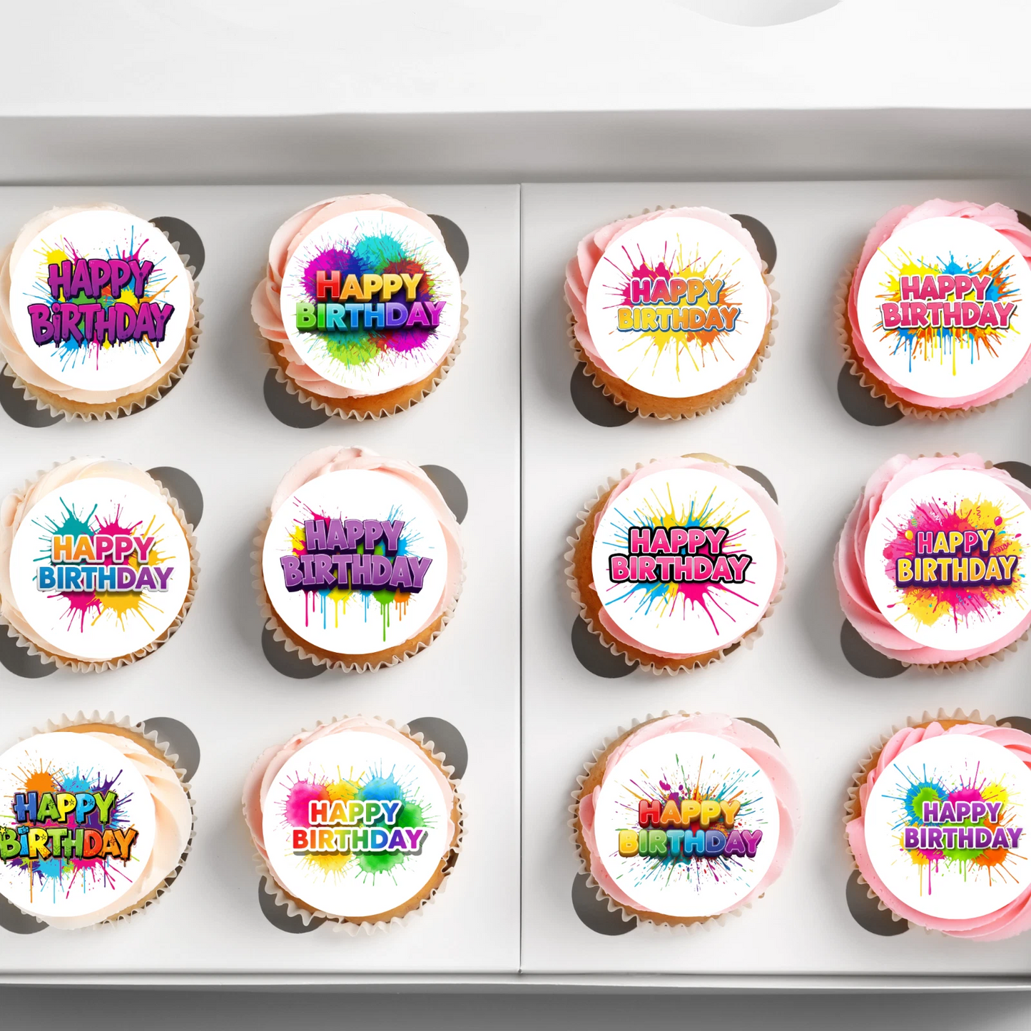 Happy Birthday Colourful Pre-Cut Edible Wafer Cupcake Toppers Pack Of 24