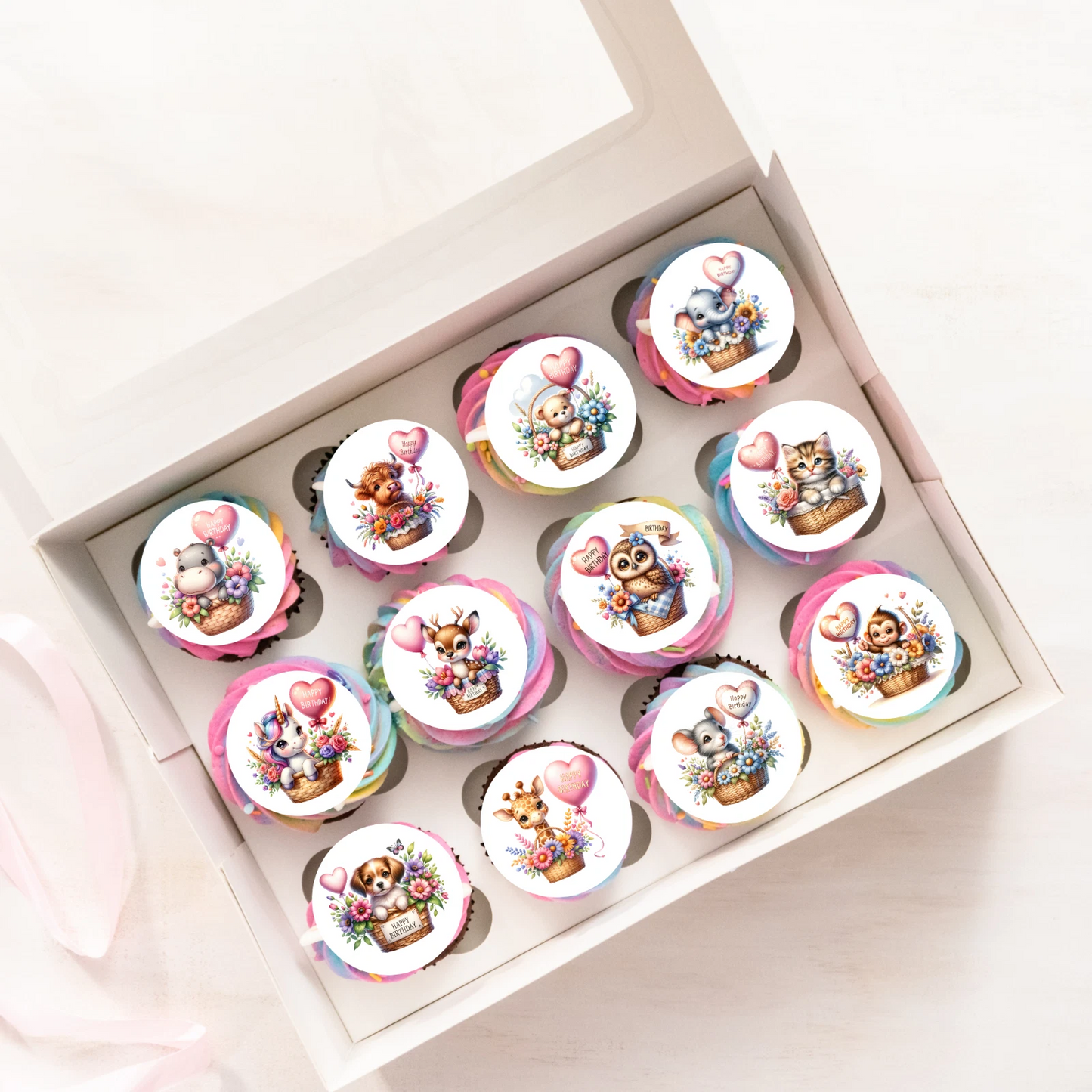 Cute Animals Happy Birthday Pre-Cut Edible Wafer Cupcake Toppers Pack Of 24