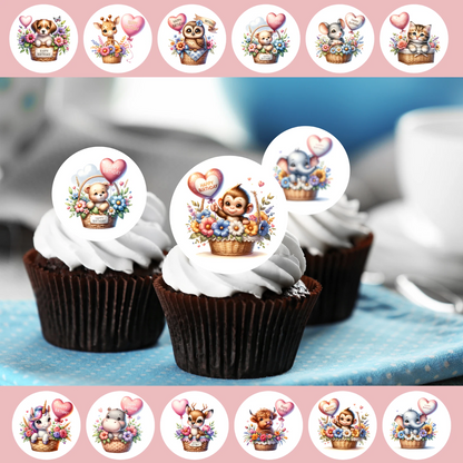 Cute Animals Happy Birthday Pre-Cut Edible Wafer Cupcake Toppers Pack Of 24