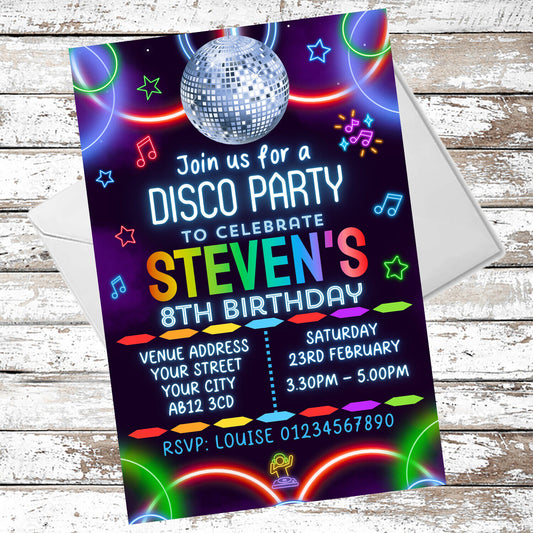 10 Personalised Neon Boys Disco Party Invitations With Envelopes