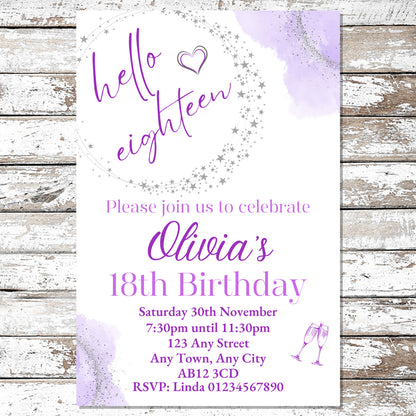 10 Personalised Purple Any Age Party Invitations With Envelopes